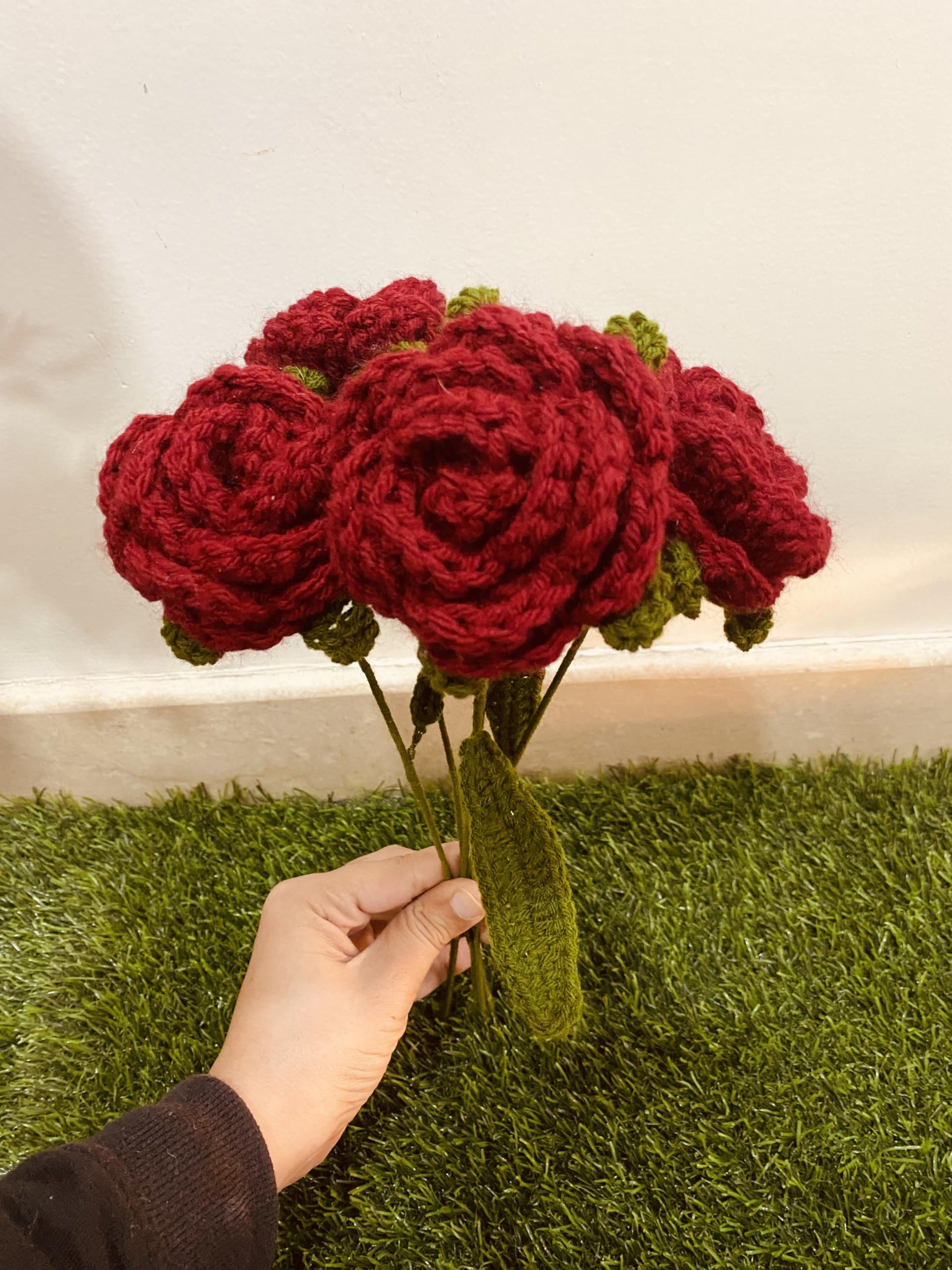 Buy Handmade Crochet Rose, Deep Red Artificial Flower with Stem